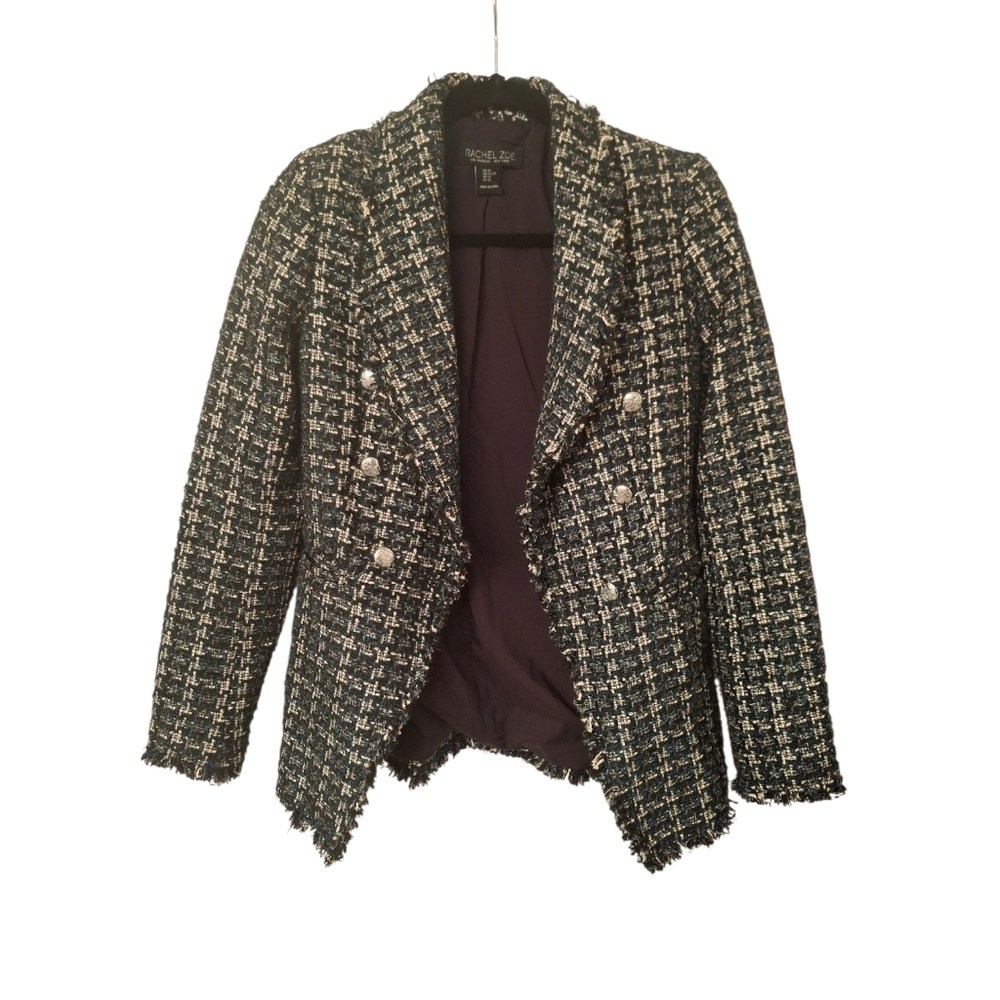 Rachel Zoe Black, White & Green Tweed Blazer Checkered Fringe Size: XS